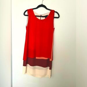 Elegant Sleeveless Color Block Dress - Red, Burgundy, and Cream